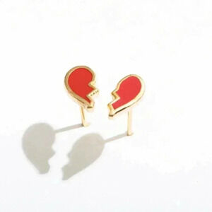 Broken Heart Red/Gold Enamel Stud Earrings